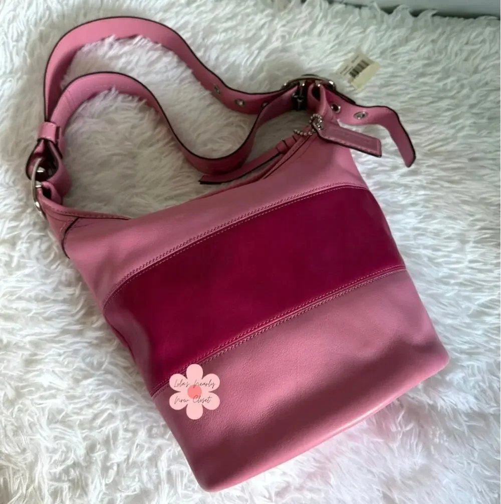 NWT COACH Rugby Stripe Pink Leather Duffle Crossbody Shoulder Bag F13357